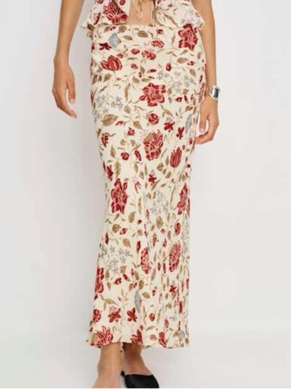 Reformation Cream Midi Skirt with Red Floral Print